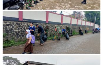 Koramil 0910/Cisarua Kodim 0609/Cimahi Melaksanakan Karya Bhakti Pembersihan Sampah di Pasar Barukai Desa Jambudipa Kecamatan Cisarua