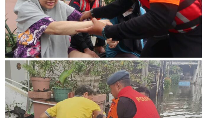 Tim Sar Batalyon C Pelopor Brimob Evakuasi Membantu warga Menuju TPS Griya kencana Cileduk