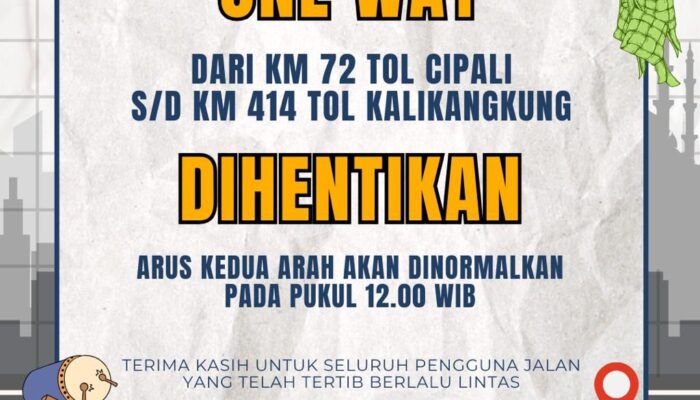 Traffic Counting Alami Penurunan, Korlantas Polri Hentikan One Way KM 72 Cipali – KM 414 Kalikangkung Siang Ini Pukul 12.00 WIB